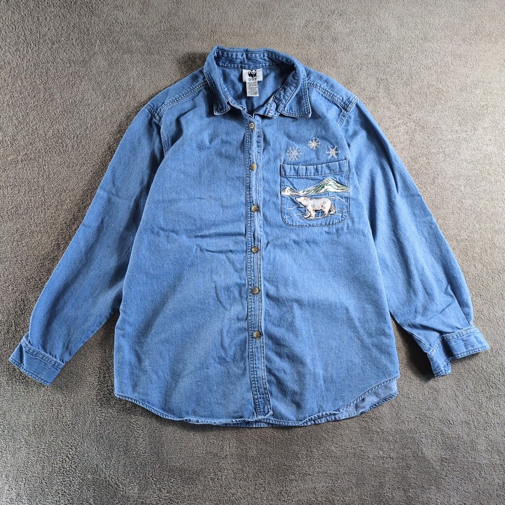 WWF Denim Shirt Women's Size 14 16 Polar Bear Snowflakes‎ Embroidered Button Up